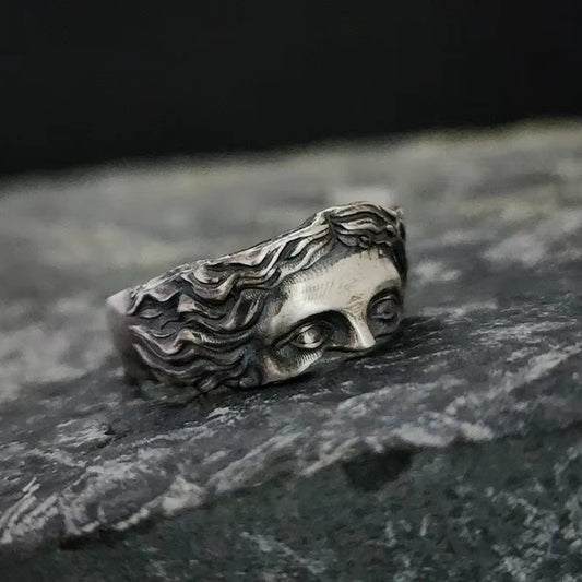 Rings for Men Creative Venus Mask Ring, Retro Thai Silver Relief with Adjustable Opening Ring Confessing Gift