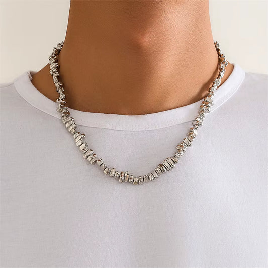 Retro Silver Color Irregular CCB Bead Chain Necklace Unisex Vintage Adjustable Link Choker Grunge Jewelry Steampunk Men