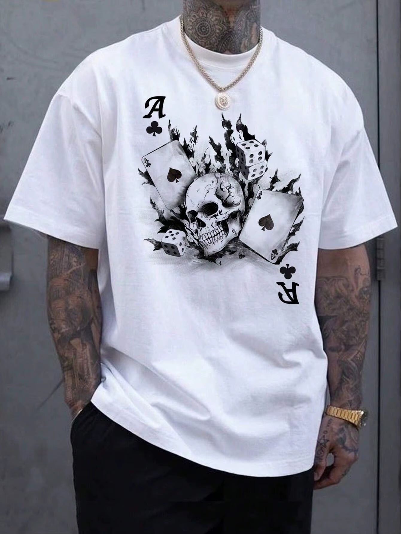 Men'Sstreet Style Fleece Loose Size Comfortable Skulls&Poker Cards Print Slim Fit Casual Sports round Neck Short Sleeved T-Shirt